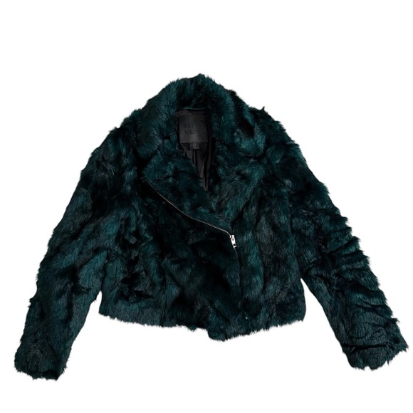 Belle Vere Size Small Faux Fur Emerald Green & Black Moto Style Jacket EUC - Picture 5 of 9